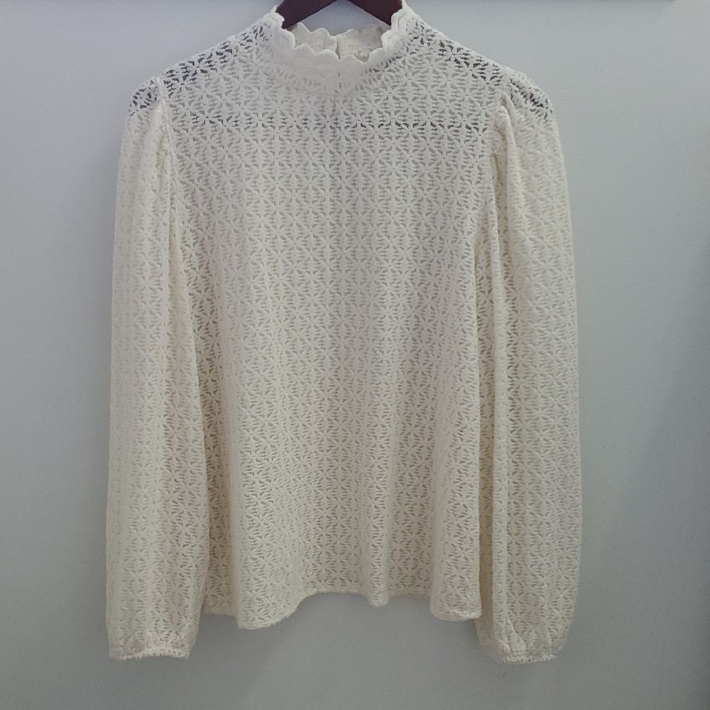 Loft Lace High-Neck Long-Sleeve Top - Cream Size Medium Subtle Puff Sleeve